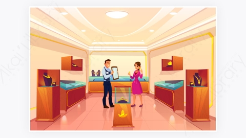 图片素材-豪华珠宝店交易室卡通背景插图-3