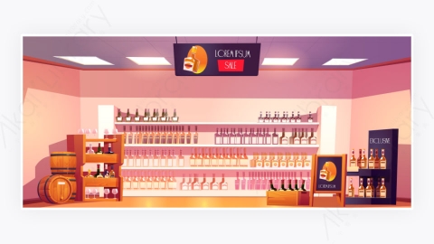 图片素材-酒类商店在架子和桶上的瓶子