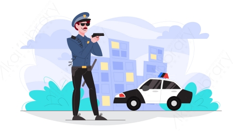 图片素材-MG卡通持枪的男警官警察在城里巡逻
