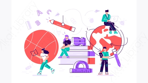 图片素材-MG卡通插画不同学科如地理物理文化化学文学语文教师人物教具文具球地球仪图书漫画平面插图