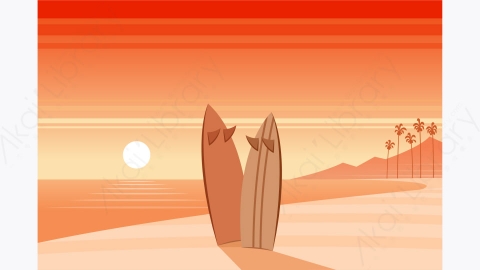 图片素材-MG卡通插画冲浪板海滩场景