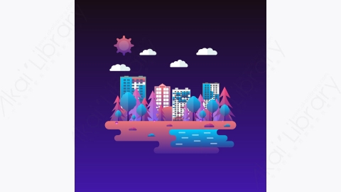 图片素材-MG卡通插画城市景观与天空公园区地段