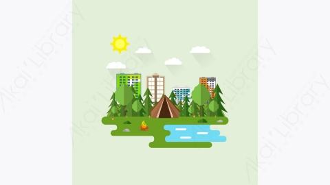 图片素材-MG卡通插画城外夏景森林帐篷