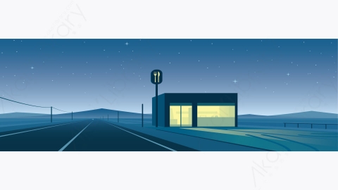 图片素材-MG卡通插画寂寞路餐厅之夜