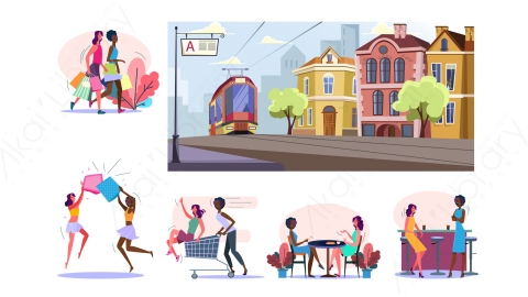 图片素材-MG卡通插画好友共度时光逛街购物