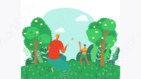 图片素材-MG卡通插画幸福家庭休养夏爸爸陪儿子玩大自然郊外卡通插画家带孩子郊外