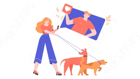 图片素材-MG卡通插画女孩与狗同行使用移动在线约会应用程序寻找伴侣喜欢社交网络概念平面插图人物鲜明