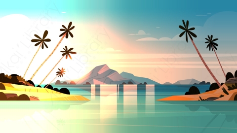 图片素材-美丽的海滨风景夏日海滩与山脉蓝色的水和棕榈树矢量插图-3