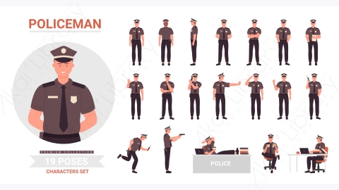 图片素材-卡通手绘警察人物角色动作姿势合集-4