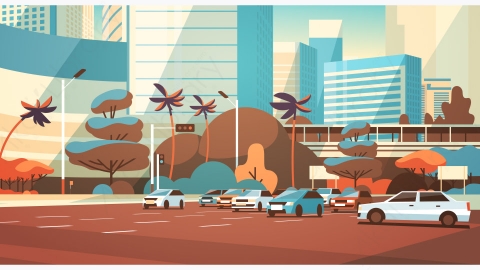 图片素材-城市汽车停在摩天大楼建筑现代城市景观