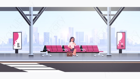 图片素材-女商人等待公共交通工具在机场车站城市景观