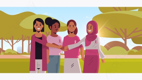 图片素材-混合种族女孩站在一起乳腺癌日疾病意识和预防概念