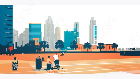图片素材-人们行走在摩天大楼建筑现代城市景观概念设计
