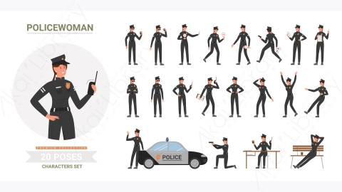 图片素材-卡通手绘女警察人物角色动作姿势合集-15