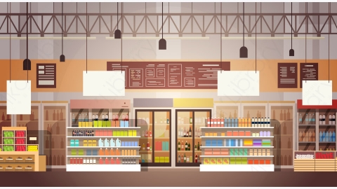 图片素材-现代超市内部杂货店排与货架上的新鲜产品矢量插图-1