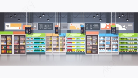 图片素材-现代超市内部杂货店排与货架上的新鲜产品矢量插图-3
