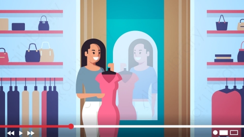 图片素材-时尚博客作者记录在线视频女孩在服装店尝试新衣服的直播