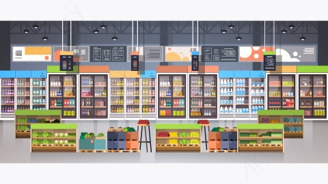 图片素材-现代超市内部杂货店排与货架上的新鲜产品矢量插图-4