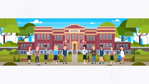 图片素材-学校建筑前院长满绿草和树木的风景矢量-2