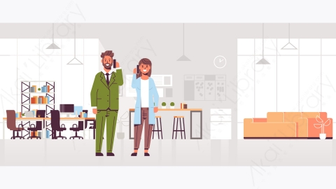 图片素材-商人谈智能手机业务男人女人打电话给手机通信现代共同工作中心创意办公室内部